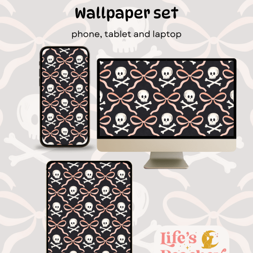 Pink Skulls and Bows Wallpaper: Goth Girly Digital Download