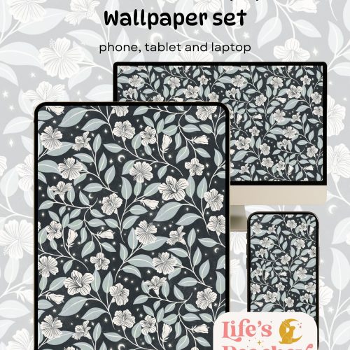 Dark Celestial Floral Wallpaper Set Botanical Phone Tablet & Laptop Background