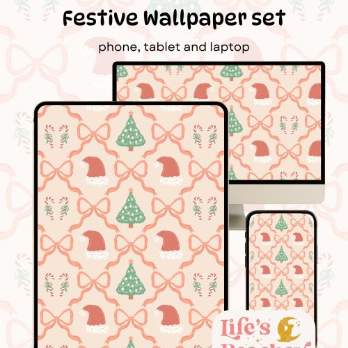 Blush Christmas Pattern Wallpaper • Santa Hats, Trees & Bows (Digital for phone, tablet, desktop)