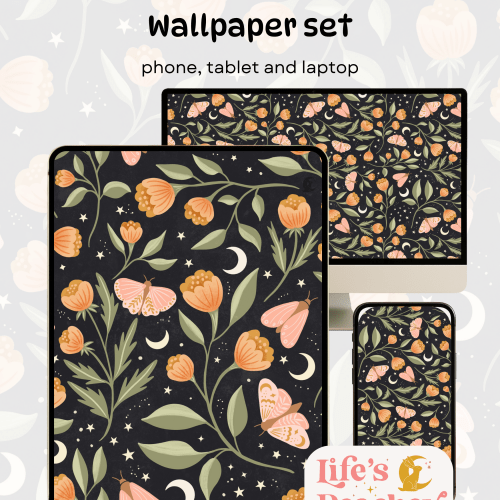 Moth and Floral Wallpaper Set: Celestial Phone, Tablet & Laptop Backgrounds (Digital Download)